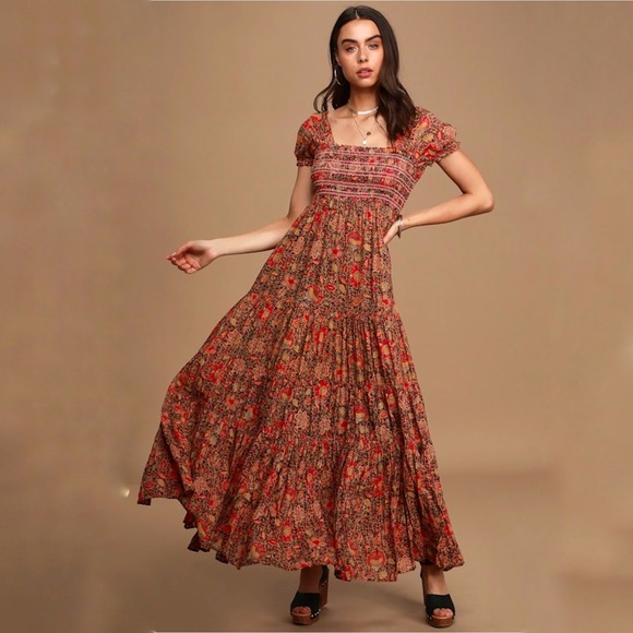Free People Dresses & Skirts - Free People Getaway Red Floral Print Tiered Maxi Dress Smocked XS